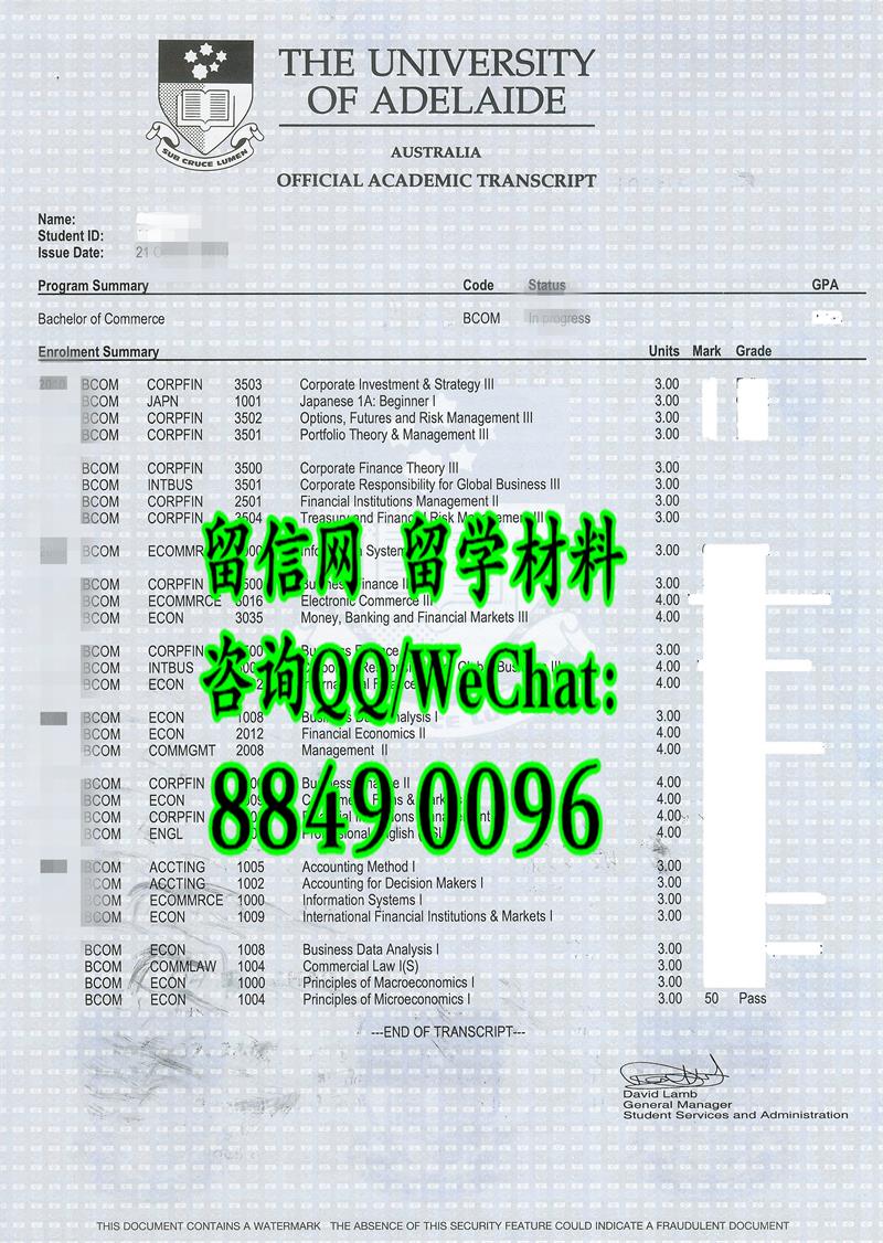 高清扫描澳大利亚阿德莱德大学成绩单正反面，University of Adelaide transcript