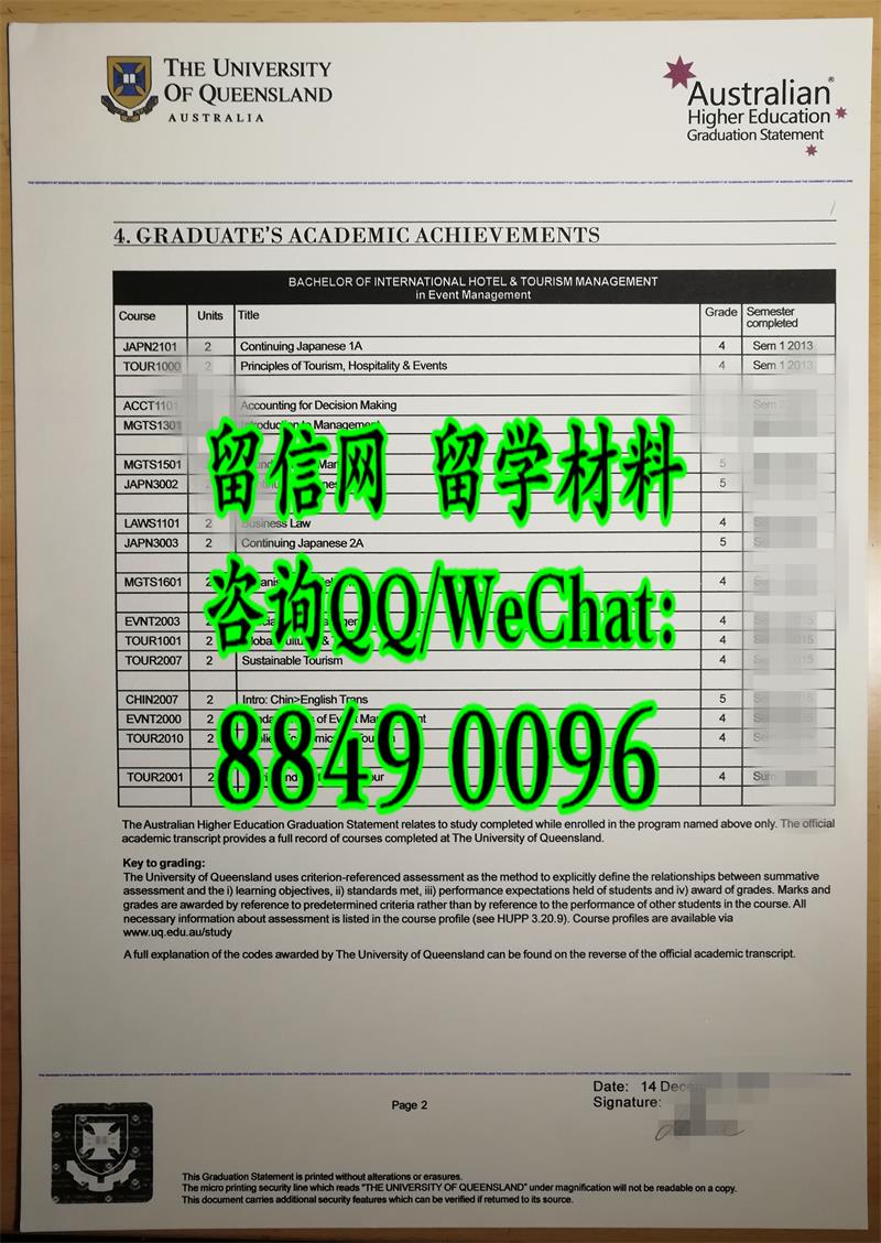 澳洲昆士兰大学成绩单，University of Queensland transcript