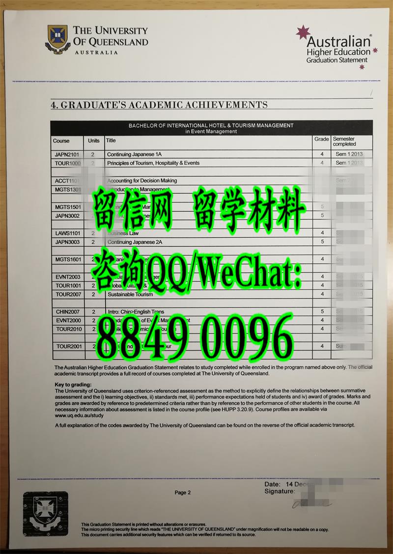 澳洲昆士兰大学成绩单，University of Queensland transcript