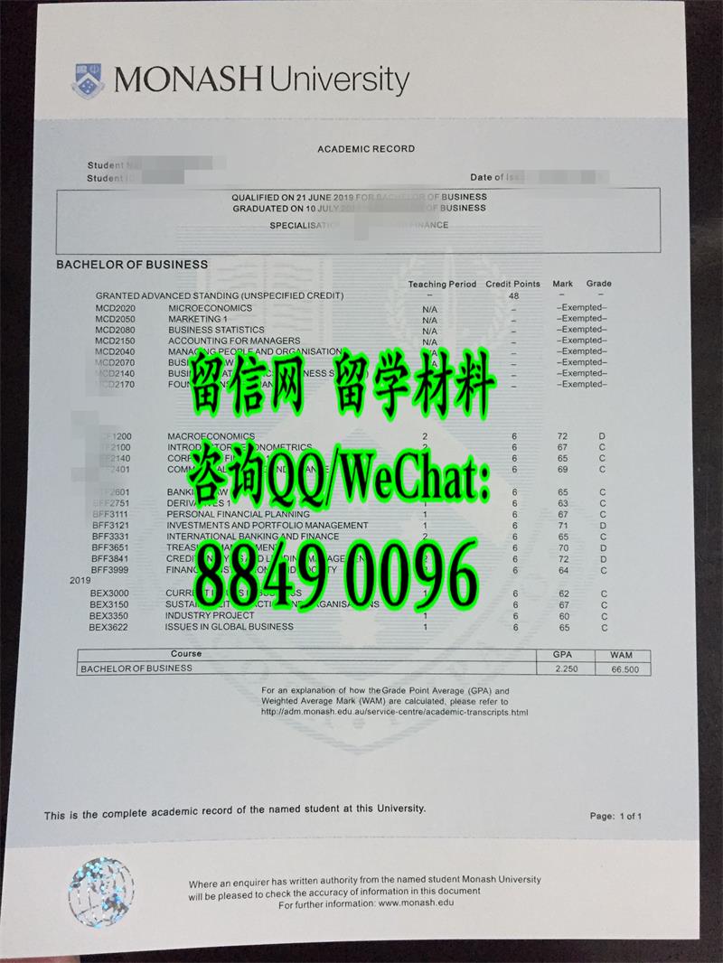 莫纳什大学Monash University成绩单正反面实拍，Monash University transcript