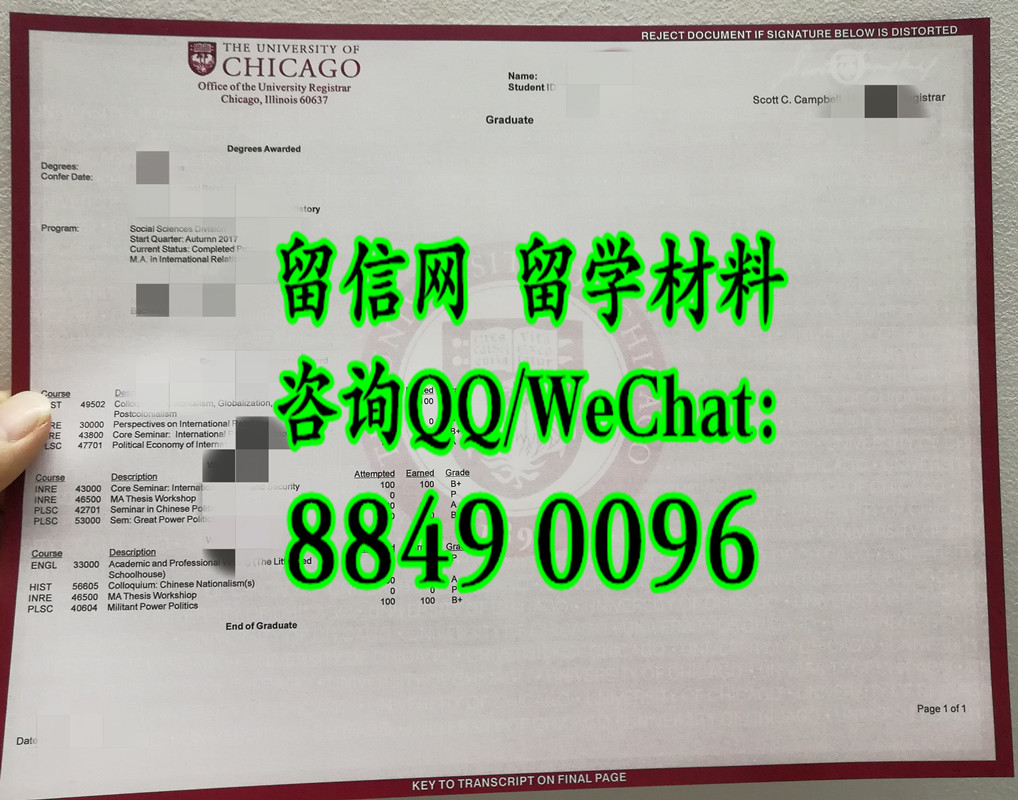 美国芝加哥大学成绩单，University of Chicago transcript