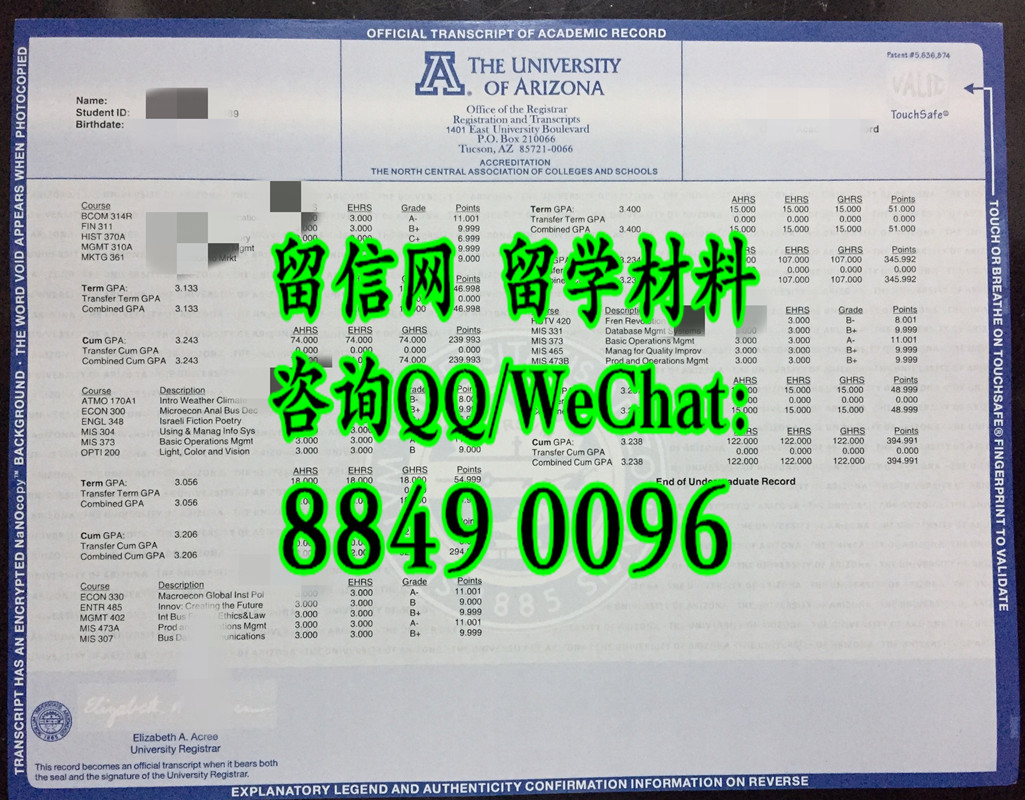 美国亚利桑那大学成绩单，University of Arizona transcript