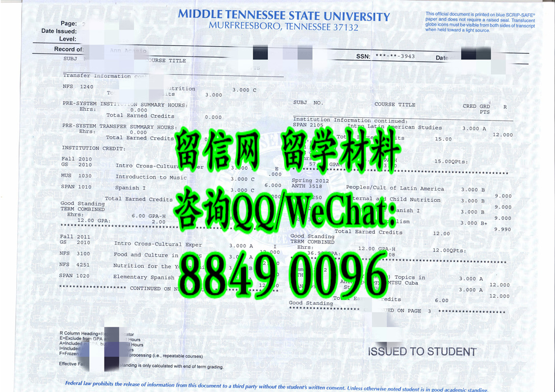 美国中田纳西州立大学毕业证成绩单，Middle Tennessee State University transcript