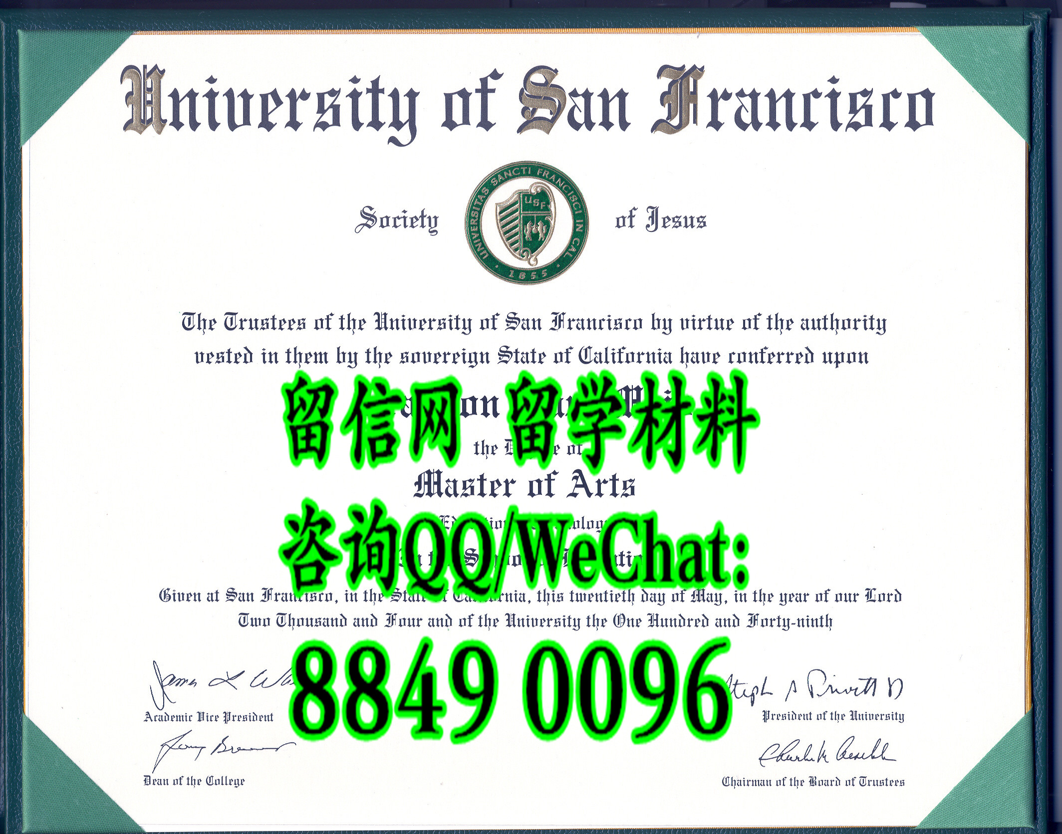 美国旧金山大学文凭毕业证样式，University of San Francisco diploma certificate